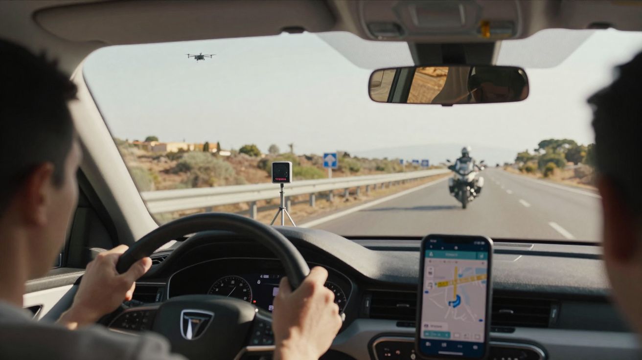 Conductor y acompañante en coche con dron, motocicleta y GPS en carretera abierta en día despejado.