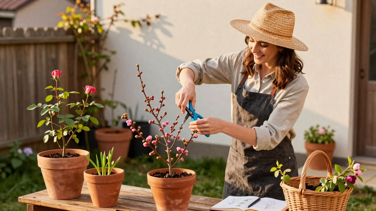 Mujer con sombrero de paja cuidando plantas en macetas en un jardín soleado.