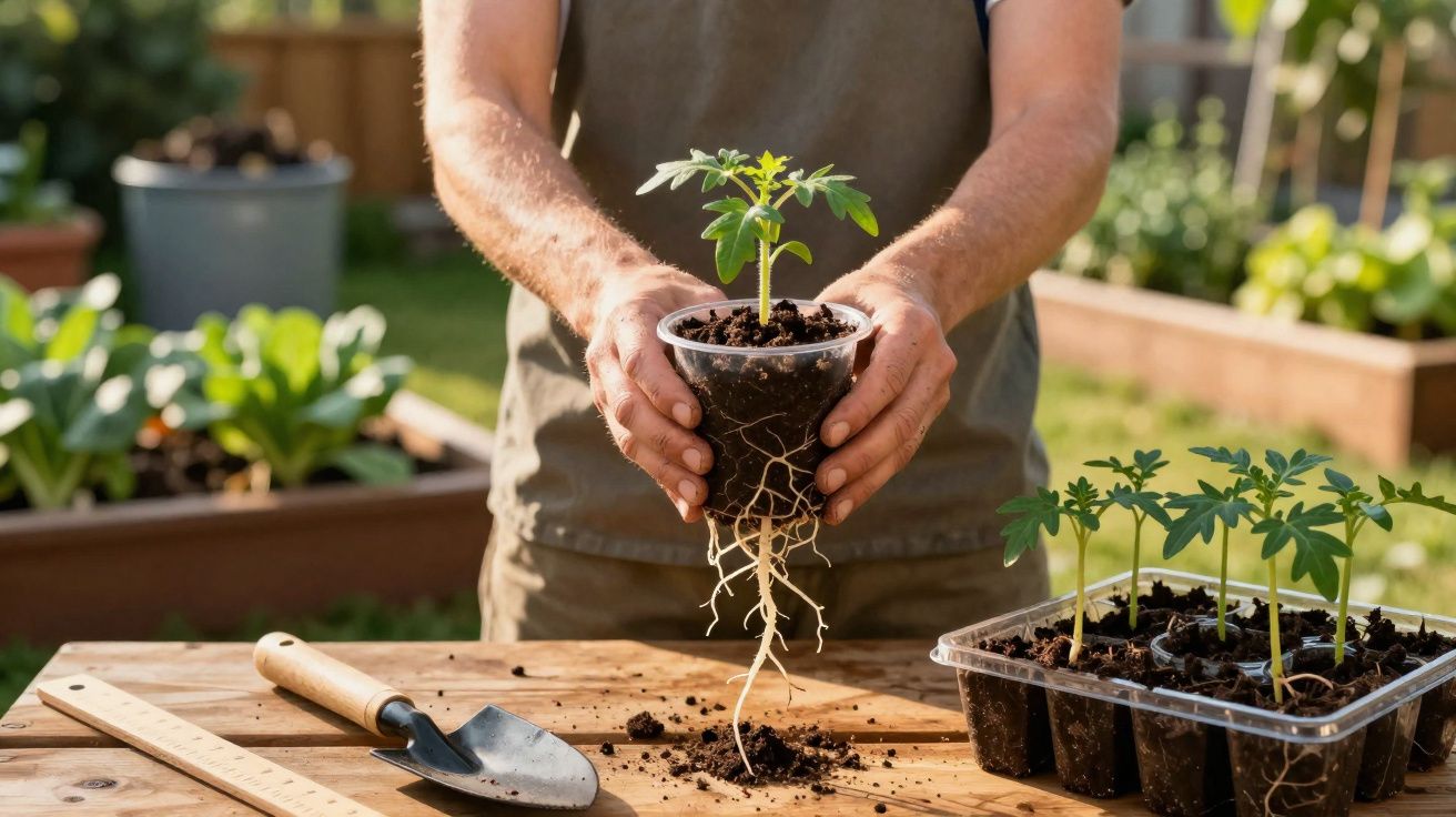 Persona mostrando una planta joven con raíces en un recipiente transparente, en un jardín con herramientas de jardinería.