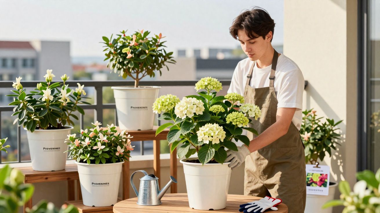 Persona joven cuidando plantas en macetas blancas sobre una mesa y estanterías en un balcón.