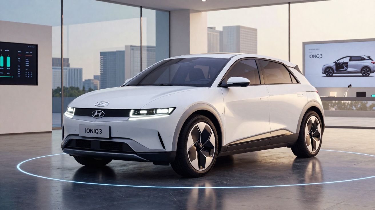 Coche eléctrico blanco Hyundai IONIQ 3 en exposición con fondo urbano y ventanas panorámicas.