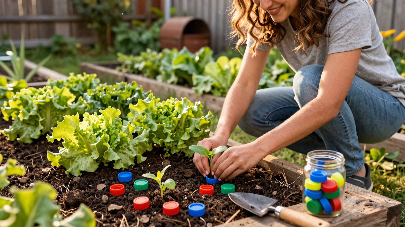 Mujer plantando un pequeño brote en un huerto urbano con tapas de plástico de colores como marcadores.