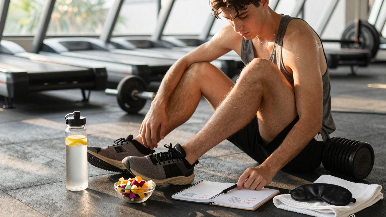 Hombre joven en gimnasio sentado en el suelo junto a agua con limón, bocadillo saludable y cuaderno de notas.