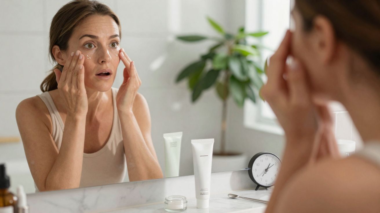 Mujer aplicándose crema facial frente al espejo en un baño iluminado y moderno.