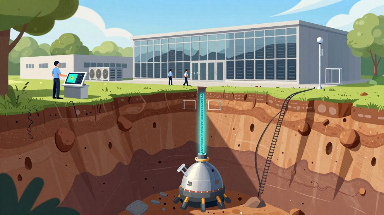 Instalación subterránea tecnológica con dispositivo conectado a la superficie, cerca de un edificio moderno y personas trabaj