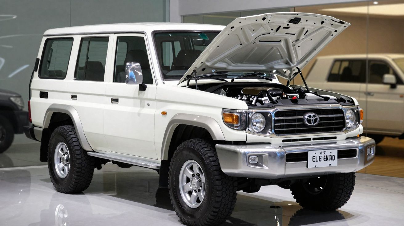 Todoterreno blanco Toyota Land Cruiser con el capó abierto, expuesto en un salón del automóvil moderno.
