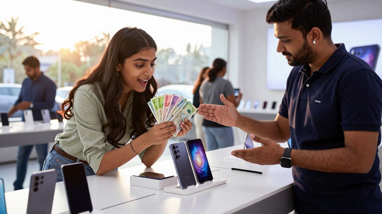 Cliente sonriente mostrando billetes mientras habla con dependiente en tienda de móviles moderna.