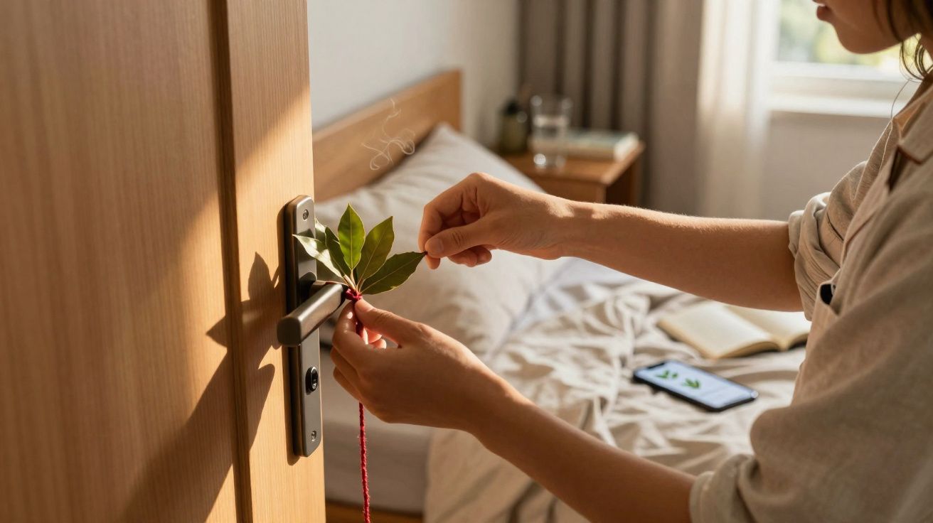 Persona colocando hojas verdes en el pomo de una puerta de madera en una habitación iluminada por luz natural.
