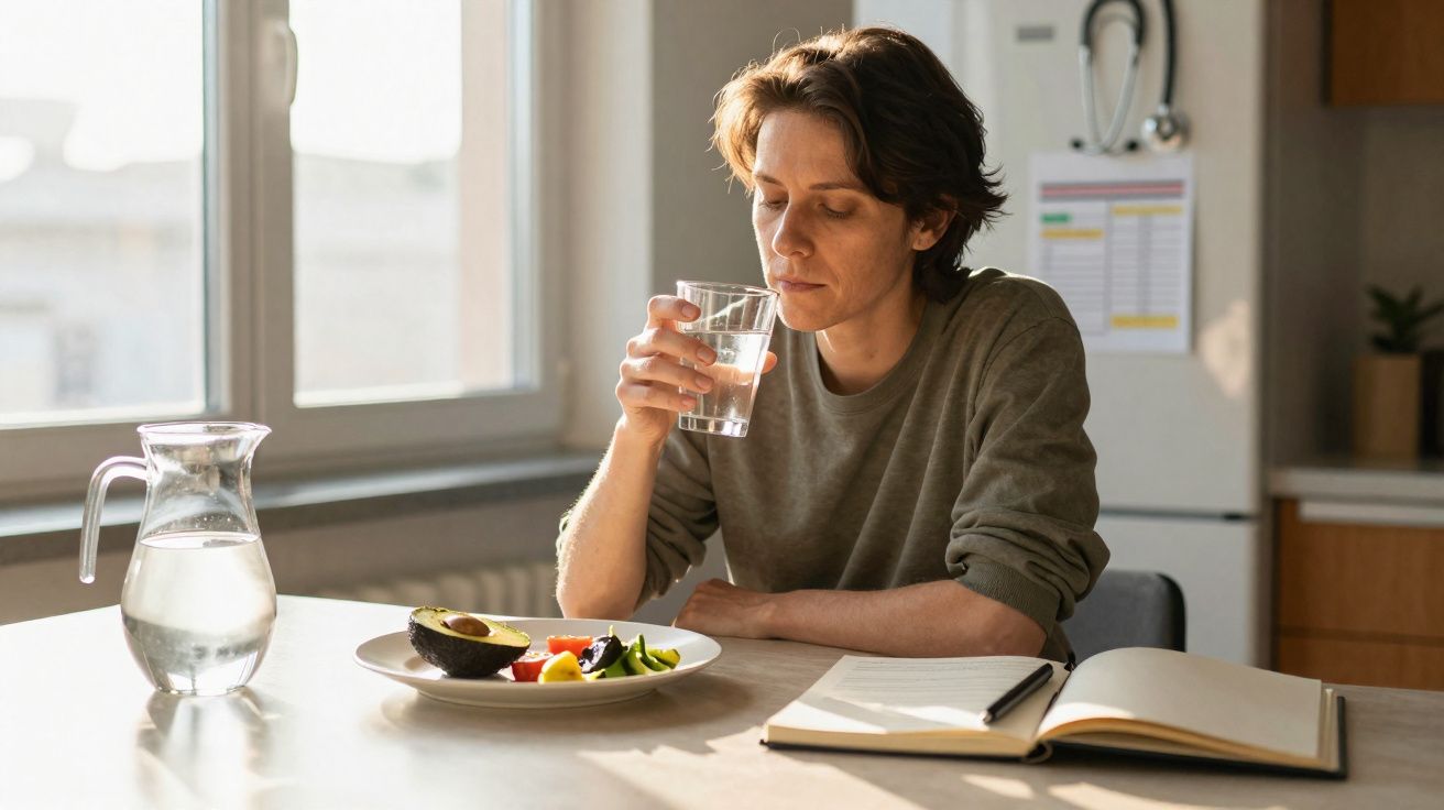 Persona sentada en mesa con plato de frutas, jarra de agua, vaso y cuaderno abierto en cocina iluminada.