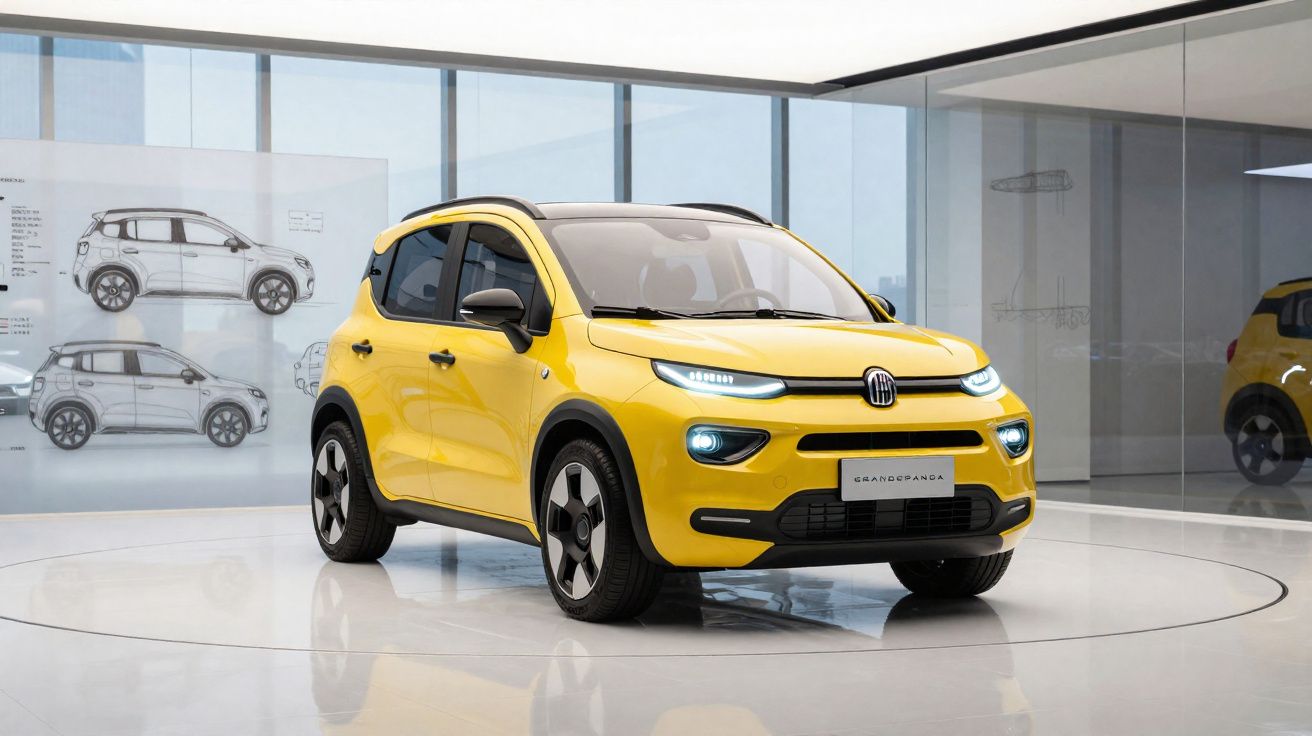 Coche urbano amarillo Fiat Panda en exhibición en sala moderna con planos de diseño en la pared.