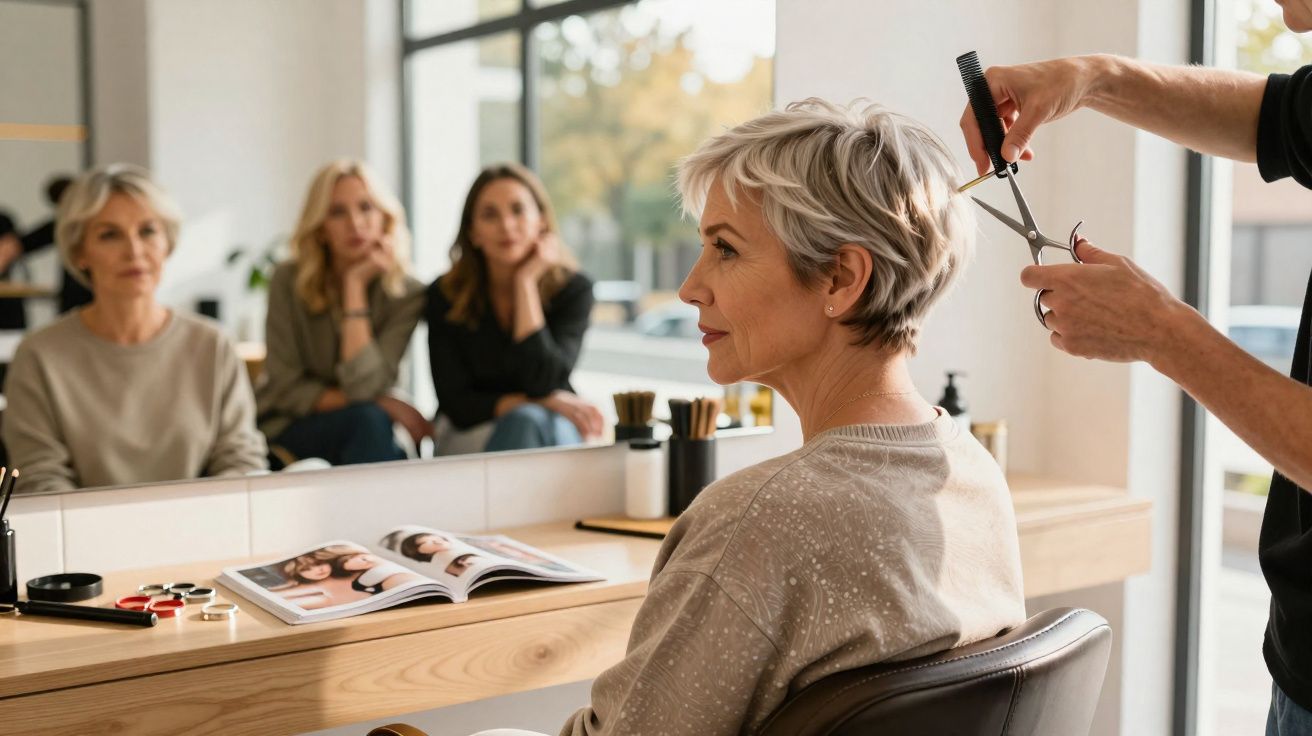 Mujer de cabello corto en peluquería mientras le cortan el pelo, espejo y dos mujeres al fondo observando.