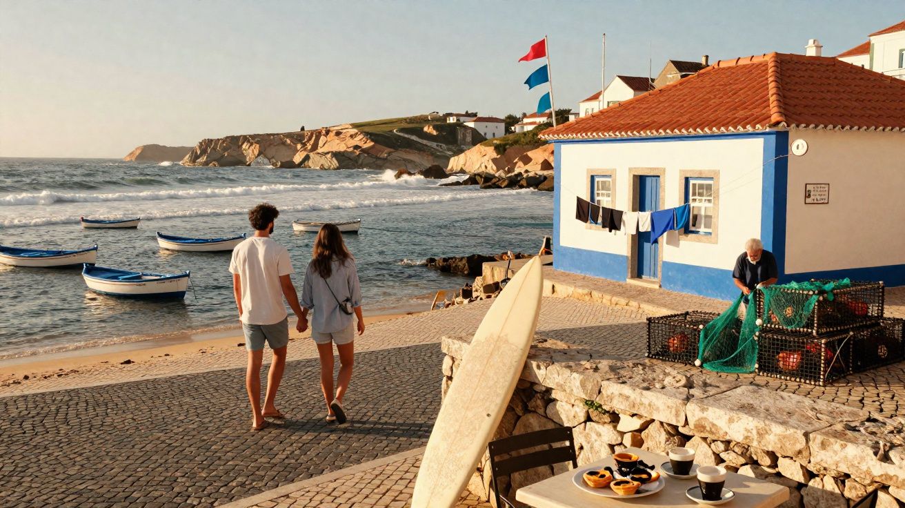 Pareja caminando junto al mar con barcas, una casa blanca con bordes azules y un hombre arreglando redes de pesca.
