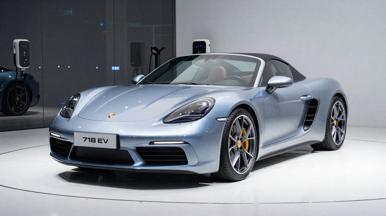 Coche deportivo descapotable Porsche 718 EV azul metálico expuesto en interior moderno y minimalista.