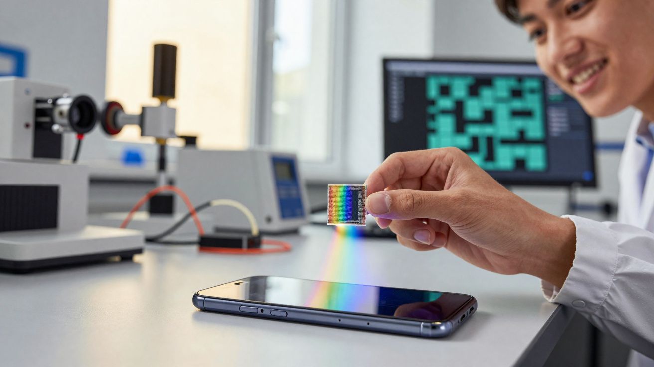 Persona sostiene un filtro difractor que proyecta un arcoíris sobre la pantalla de un teléfono móvil en laboratorio.