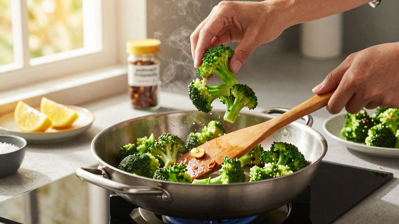 Manos cocinando brócoli al vapor en sartén con espátula de madera junto a cuencos de limón y especias.