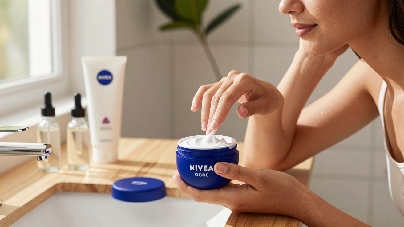 Persona aplicándose crema facial Nivea en el baño junto a productos de cuidado personal sobre el lavabo de madera.