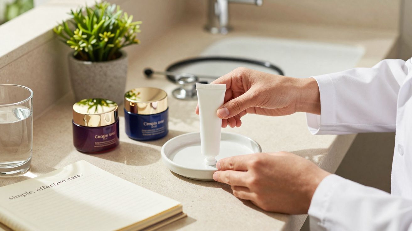 Manos sosteniendo un tubo de crema sobre un plato blanco en una encimera con cosméticos y bloques de notas.