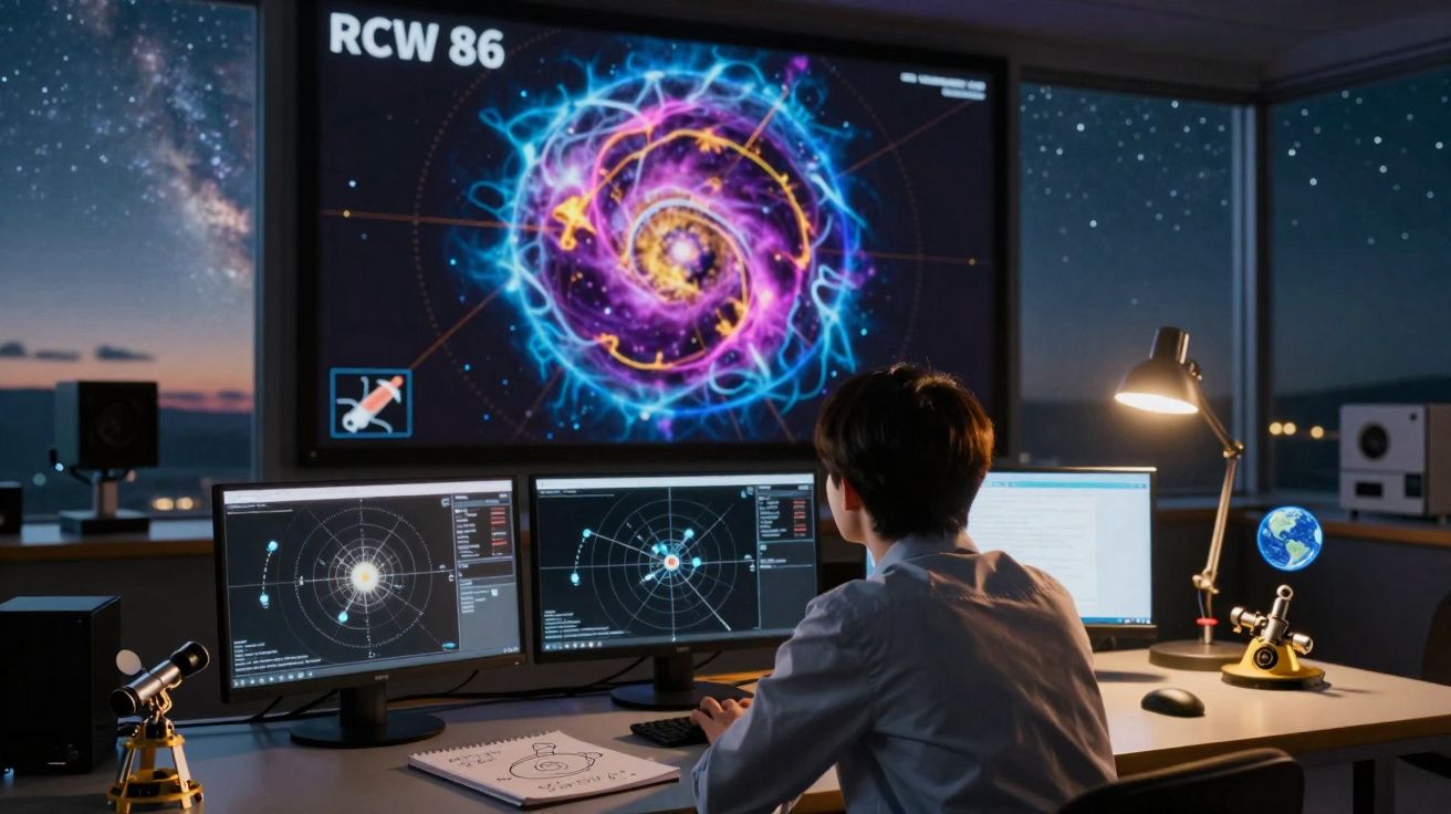 Persona observando datos astronómicos y un mapa estelar en una sala con múltiples pantallas y telescopio.