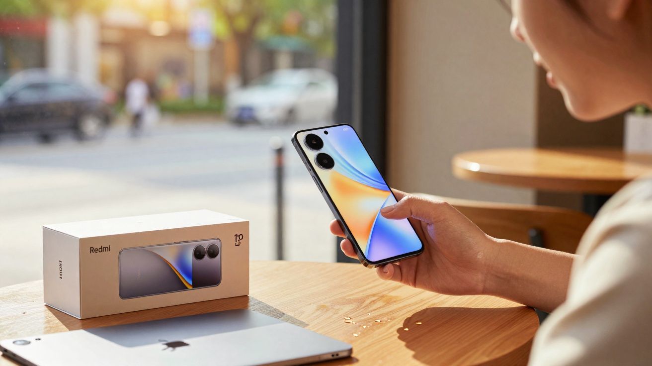 Persona sosteniendo un móvil Redmi junto a su caja sobre una mesa con portátil y fondo desenfocado.