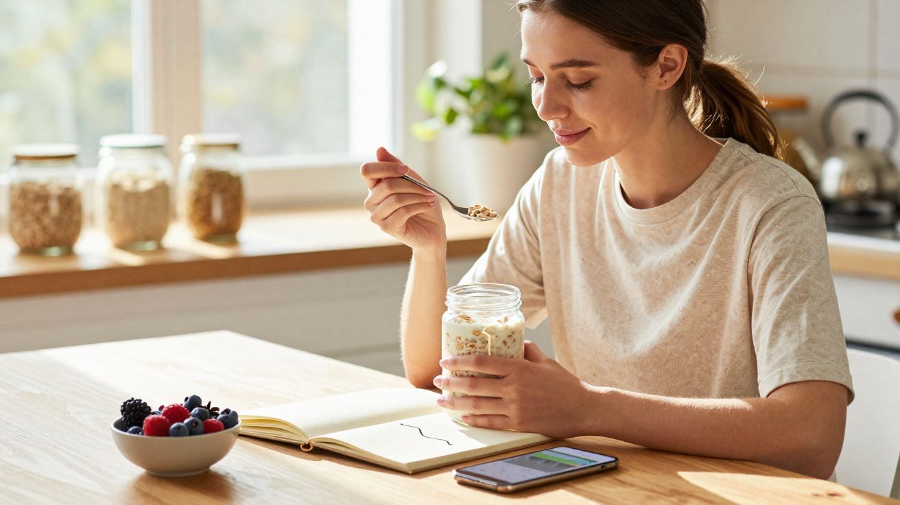Mujer comiendo yogur con granola en un tarro, en una cocina luminosa junto a un cuaderno, móvil y un bol de frutos rojos.