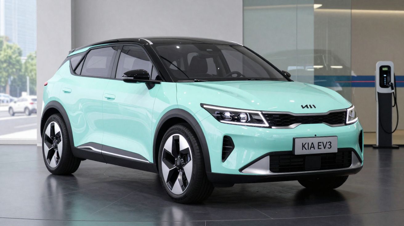 Coche eléctrico Kia EV3 azul claro con techo negro, expuesto en un concesionario moderno.