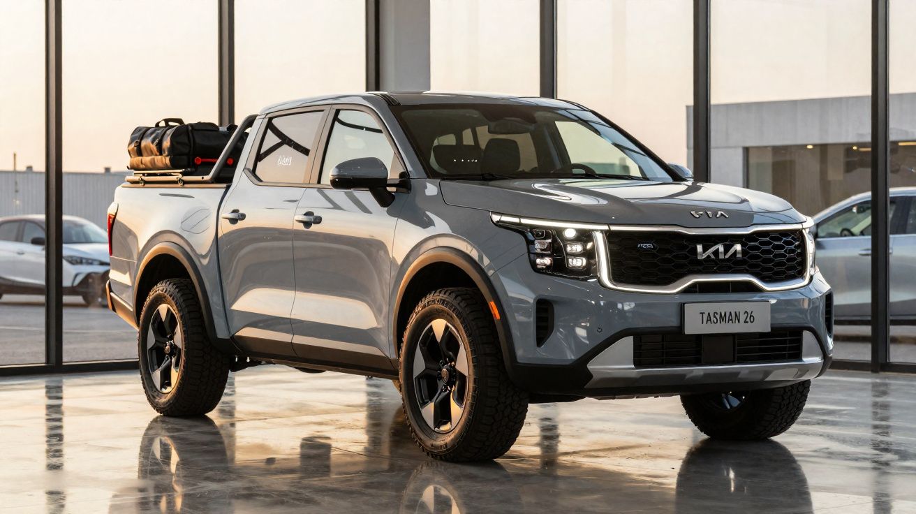 Camioneta pickup gris Kia Tasman 26 con equipaje en la parte trasera, en un showroom moderno.