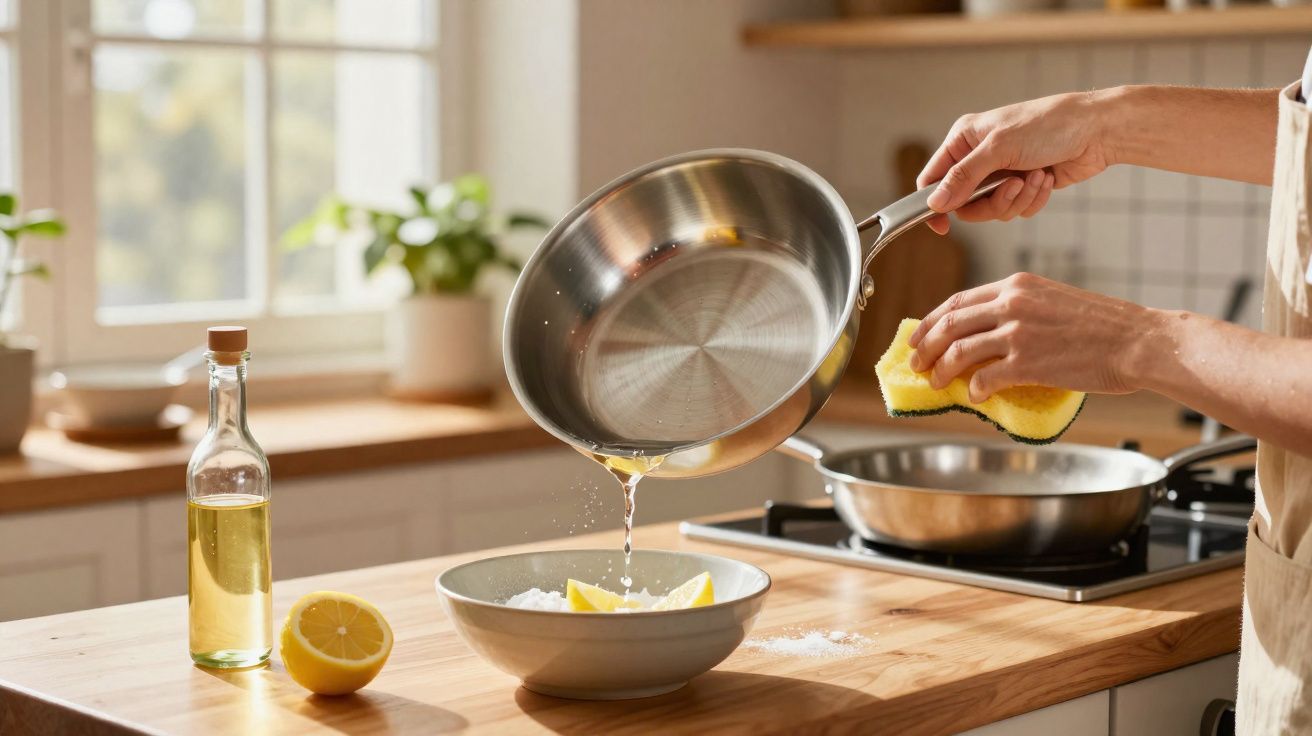 Manos vertiendo agua de una sartén en un cuenco con limón y esponja amarilla en cocina luminosa.