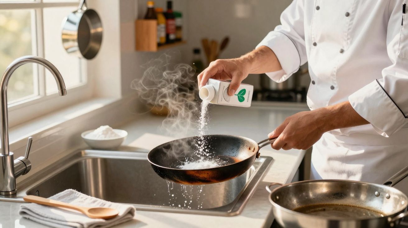 Persona con uniforme de chef espolvoreando sal en sartén caliente en cocina moderna y luminosa.