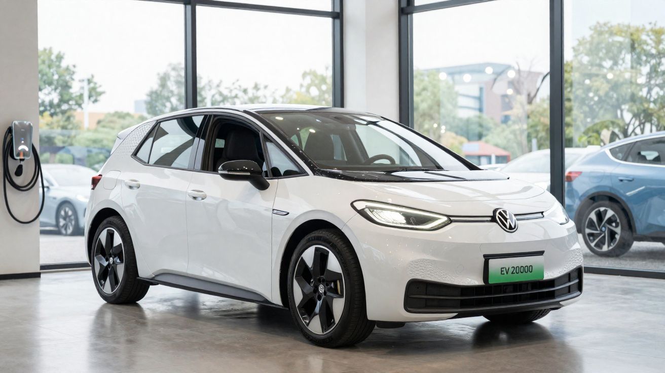 Coche eléctrico Volkswagen blanco en un concesionario con cargador de batería conectado en la pared.
