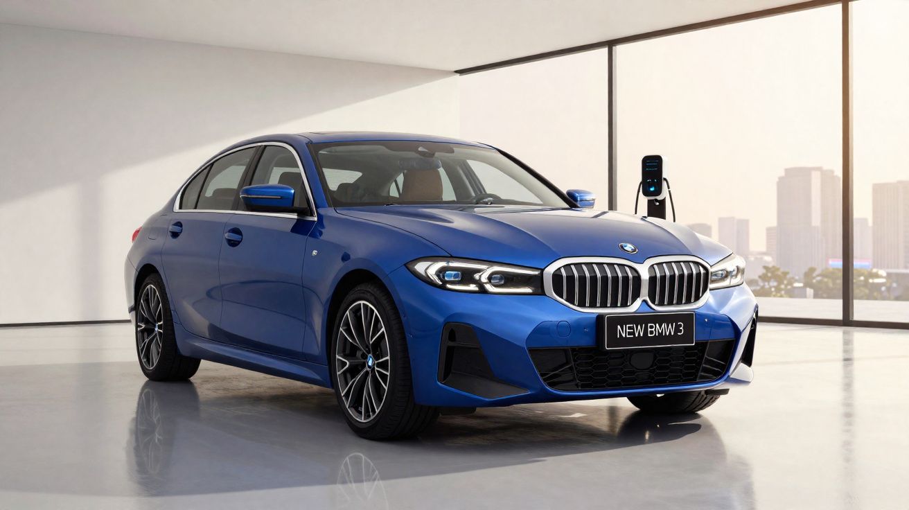 Coche BMW azul eléctrico estacionado en interior con estación de carga y vistas urbanas.