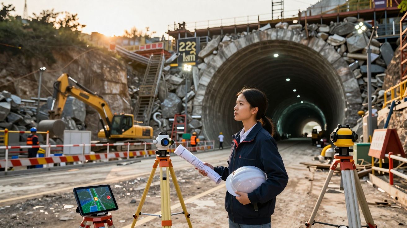 Ingeniera de obra con casco y planos frente a túnel en construcción al atardecer.
