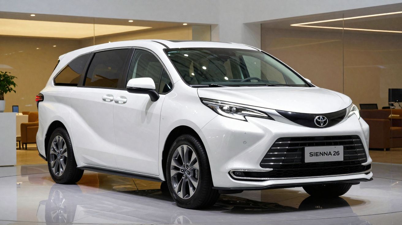 Monovolumen Toyota Sienna 2026 blanco exhibido en interior con diseño moderno y elegante.