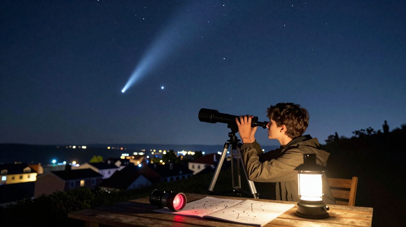 Niño observando un cometa con un telescopio en una noche estrellada desde una terraza iluminada con lámpara.