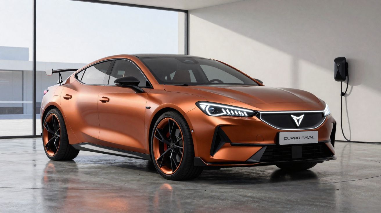 Coche eléctrico deportivo Cupra Raval color bronce recargando en una cochera moderna y luminosa.
