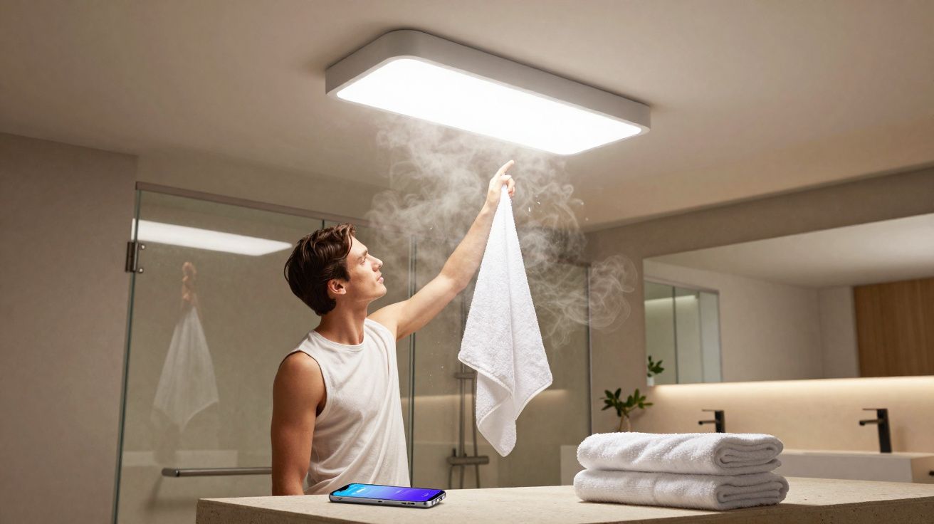 Hombre sostenido una toalla blanca alisándola con vapor cerca de una lámpara en un baño moderno.