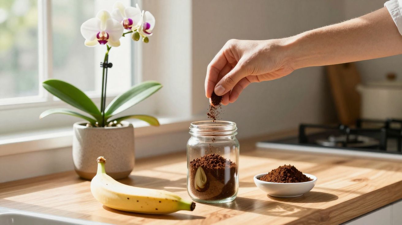 Mano echando café molido en tarro de cristal, con plátano y orquídea sobre la encimera de cocina.