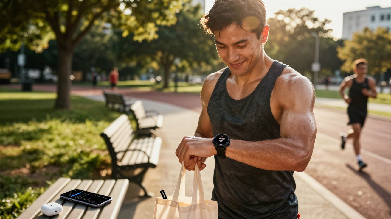 Hombre deportista mirando su reloj inteligente tras correr en un parque soleado con otros corredores al fondo.