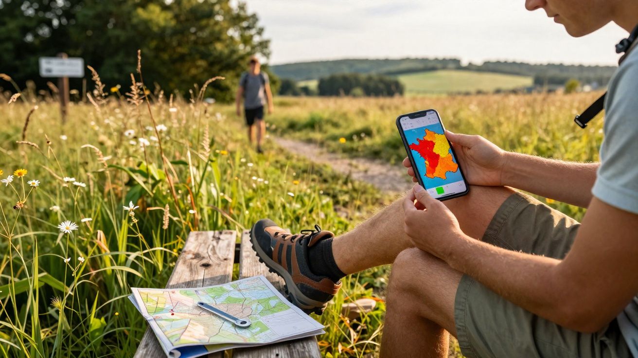 Persona sentada en un banco al aire libre consultando un mapa en móvil con mapa físico sobre banco y paisaje rural.