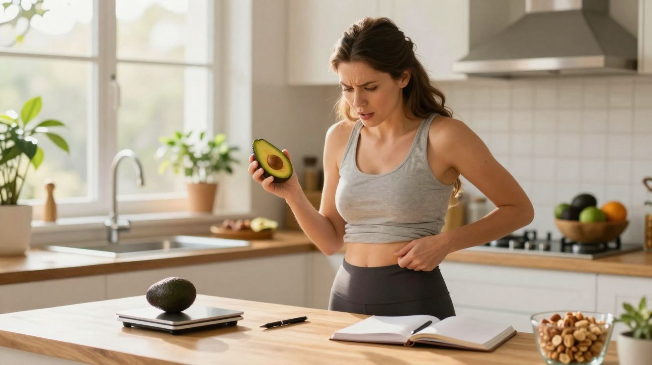 Mujer joven en la cocina sostiene un aguacate y se toca el abdomen con expresión de malestar.