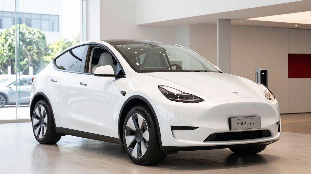 Coche eléctrico Tesla Model Y blanco estacionado en una sala de exposición moderna y luminosa.