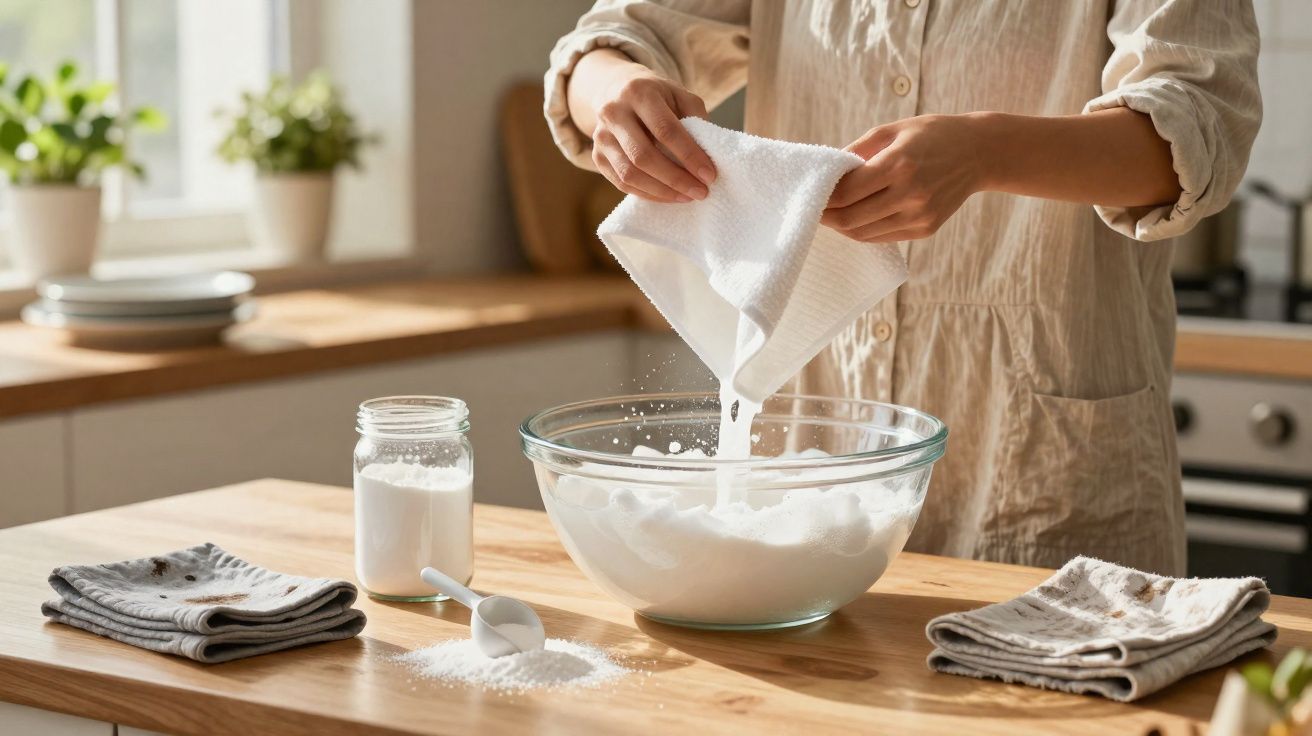 Persona vertiendo harina desde un paño blanco a un bol de cristal en una cocina moderna y luminosa.