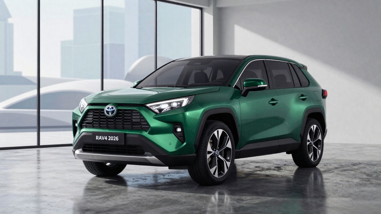 Coche SUV Toyota RAV4 2026 verde estacionado en un espacio interior moderno con suelo de cemento.