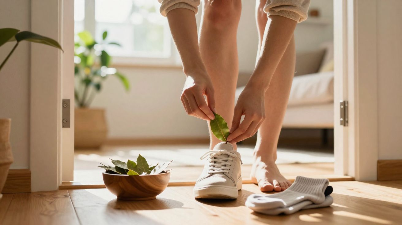 Persona atándose las zapatillas blancas en un dormitorio soleado con un plato de hojas verdes cercano.