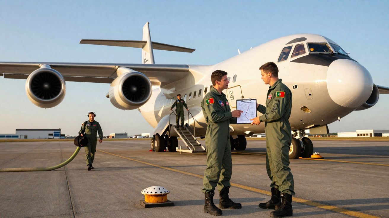 Cuatro pilotos en uniforme verde junto a un avión militar blanco en pista al atardecer.