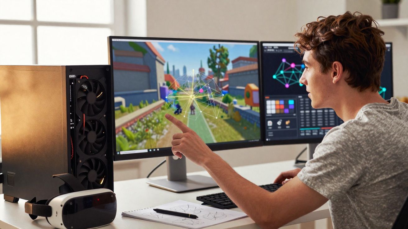 Joven analizando gráficos y animaciones en dos pantallas de ordenador junto a un casco de realidad virtual.