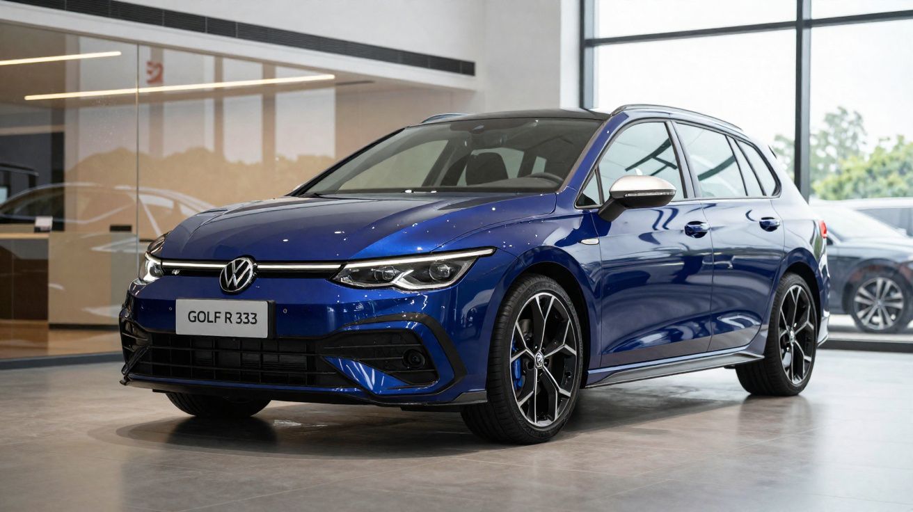 Coche Volkswagen Golf R 333 azul brillante estacionado en un concesionario moderno con suelo de cemento pulido.