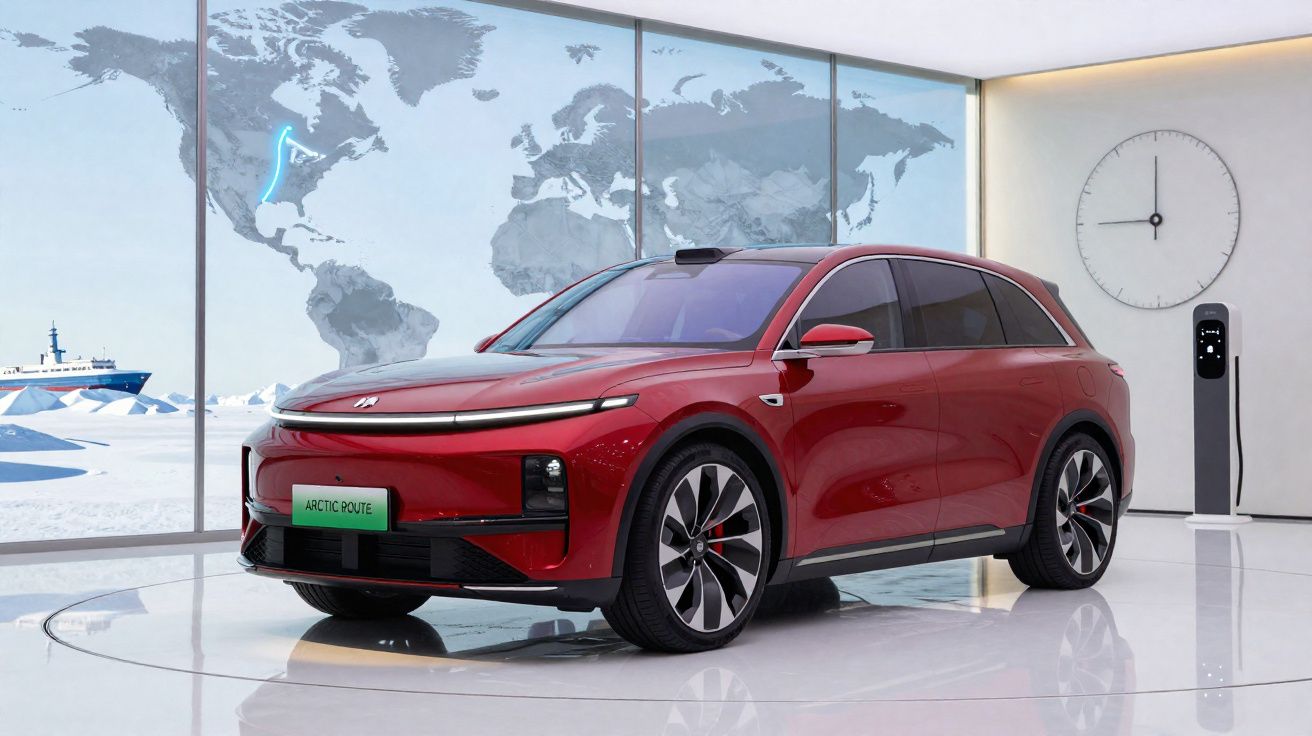 Coche eléctrico rojo estacionado en sala moderna con mapa mundial y reloj de pared al fondo.