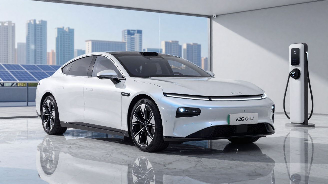 Coche eléctrico blanco cargando en un punto de carga en un garaje con ciudad y paneles solares al fondo.