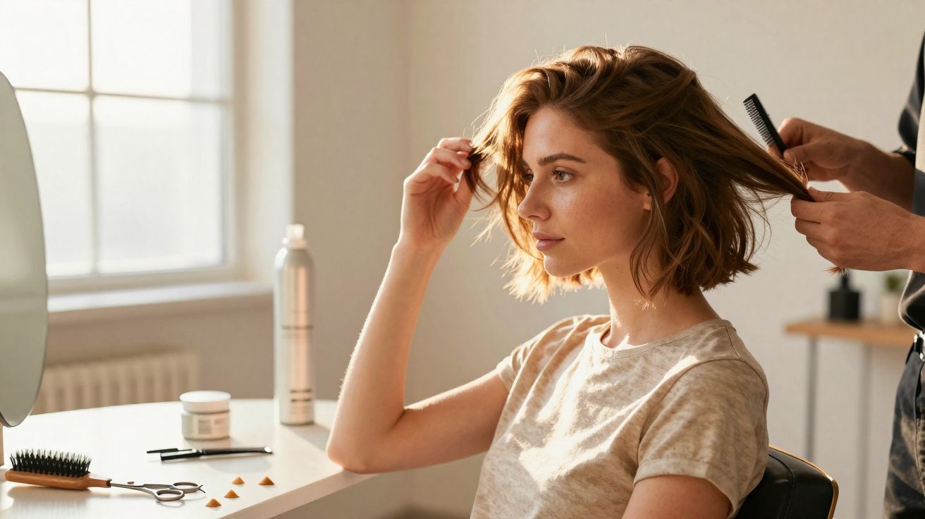 Mujer joven sentada en salón de belleza mientras le peinan el cabello con peine y la mira al espejo.