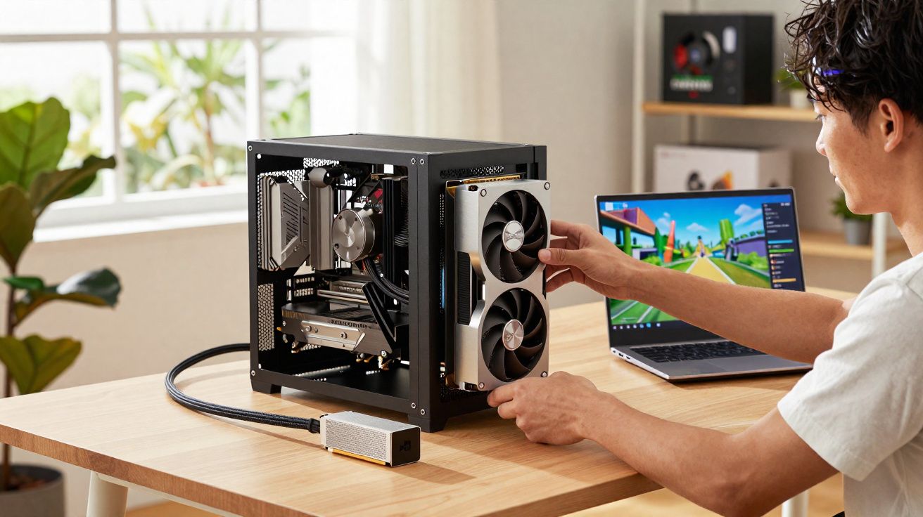 Persona instalando una tarjeta gráfica en un PC de sobremesa con ventana transparente sobre una mesa de madera.